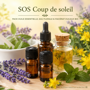 Pack Huile essentielle, Eau florale & Macérat huileux Bio - "SOS Coup de soleil"